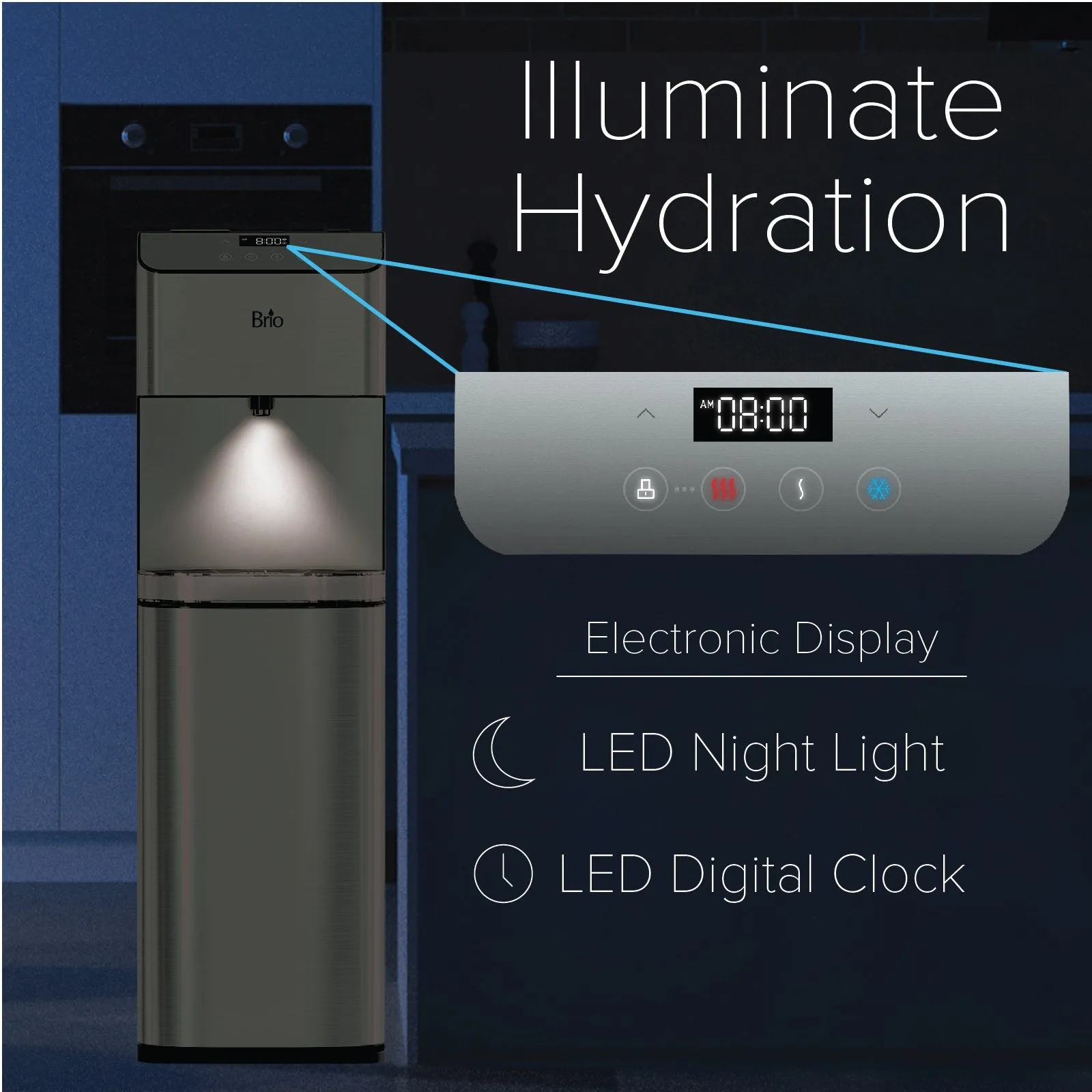Brio Moderna UV Self Cleaning Bottleless Water Cooler Dispenser with Filtration – Adjustable Temperature – Digital Clock – LED Nightlight – Tri Temp Hot, Cold, and Room