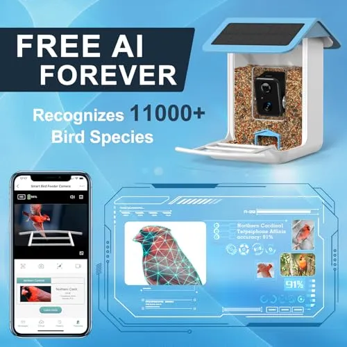 BROAIMX Smart Bird Feeder Camera, Free AI Forever, 1080P HD Camera Auto Capture Bird Videos & Solar Panel, App Notify When Birds Detected, Bird House with Built-in Two-Way Microphone