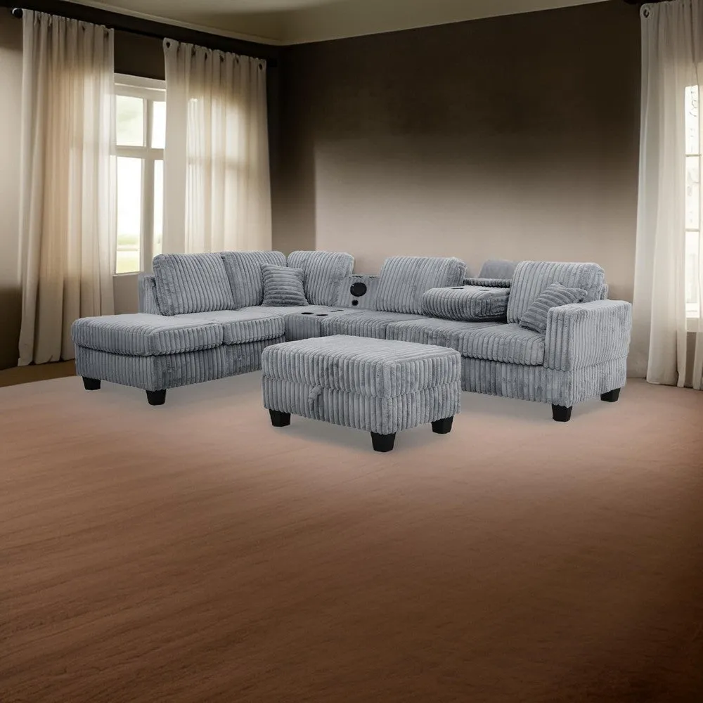 Ega 81 Inch Sectional Sofa, Chaise, Storage Ottoman, Bluetooth, Gray By Casagear Home