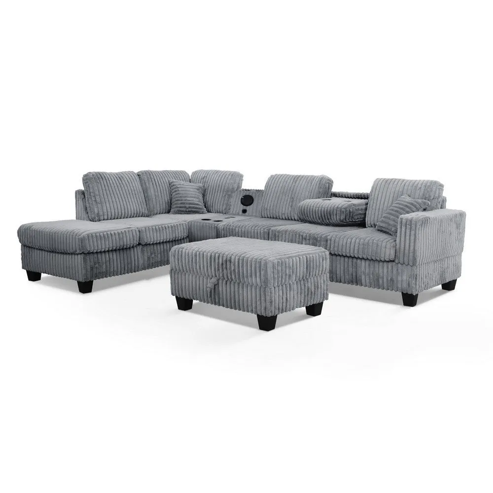 Ega 81 Inch Sectional Sofa, Chaise, Storage Ottoman, Bluetooth, Gray By Casagear Home