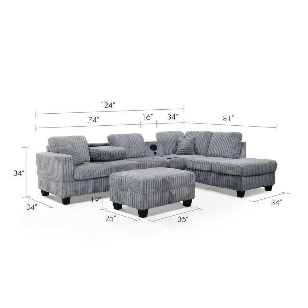 Ega 81 Inch Sectional Sofa, Chaise, Storage Ottoman, Bluetooth, Gray By Casagear Home