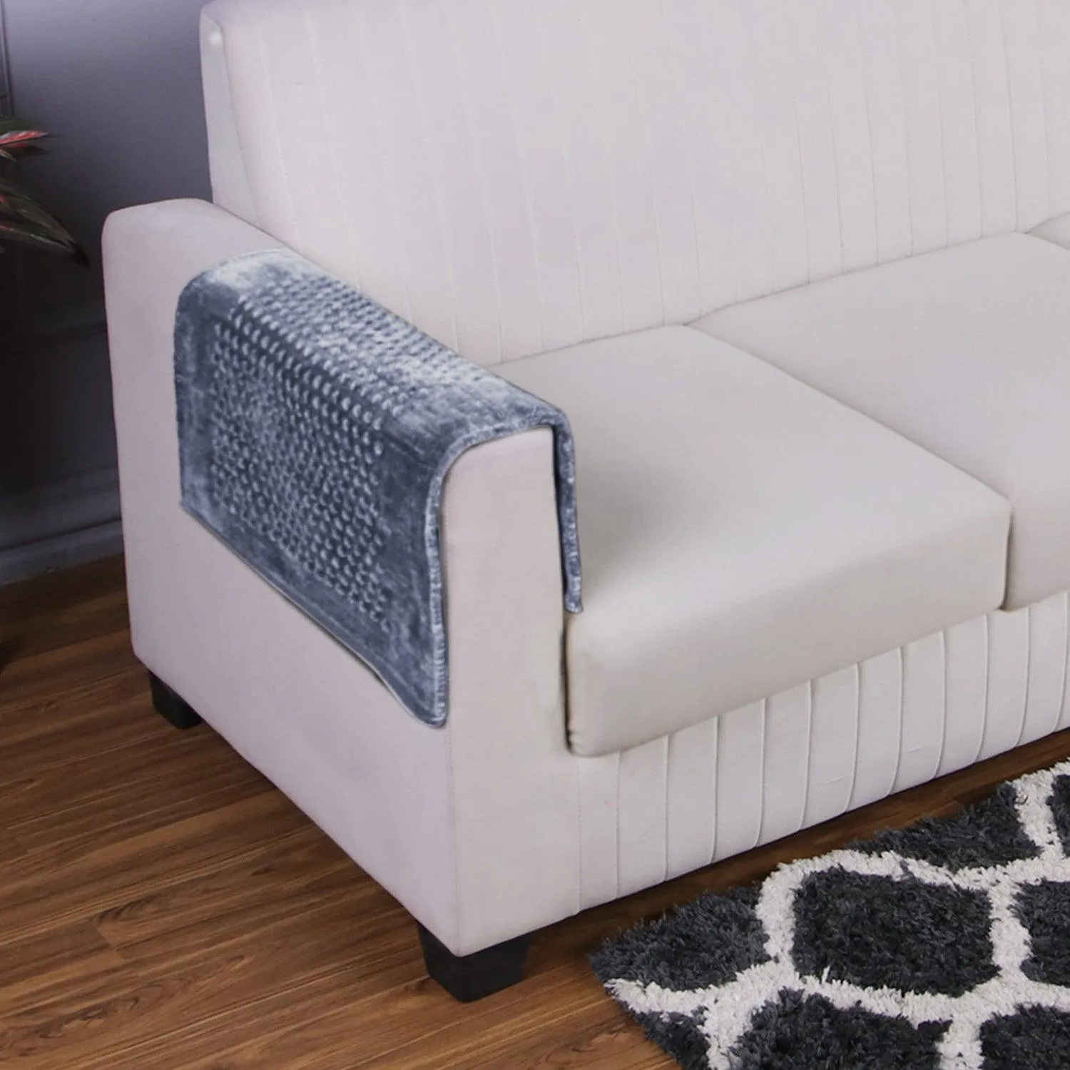 HOKIPO 2 Pcs Handloom Thick Poly Velvet Reversible Sofa Armrest Cover, Silver Grey