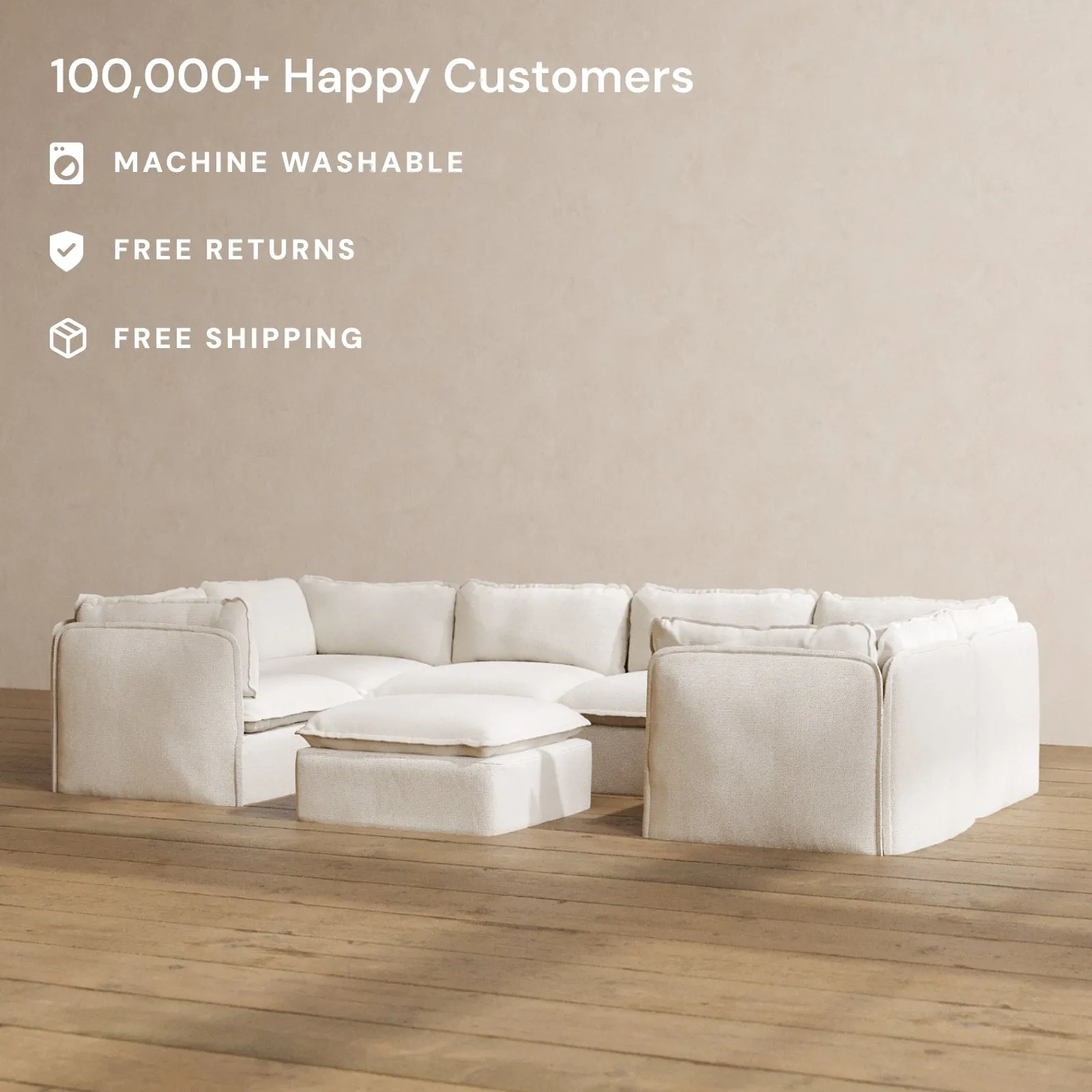 Modular Washable 6-Seater U-Sectional   Ottoman in Powder | Deluxe  Seat | Cloud Pillow