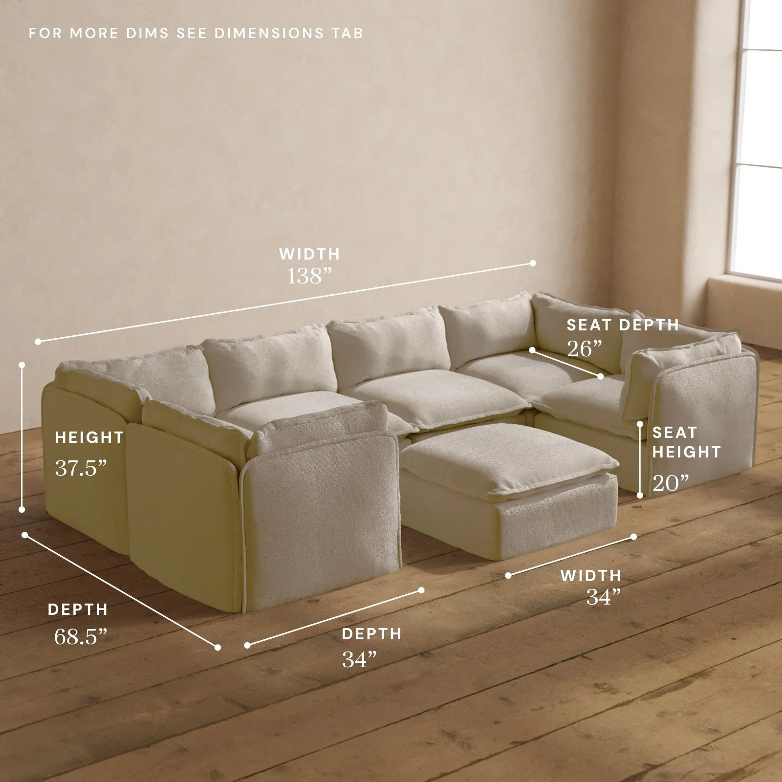 Modular Washable 6-Seater U-Sectional   Ottoman in Powder | Deluxe  Seat | Cloud Pillow
