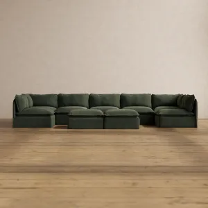 Modular Washable 7-Seater Open-Ends U-Sectional   Bench Ottoman in Olivine | Memorix  Seat | Cloud Pillow