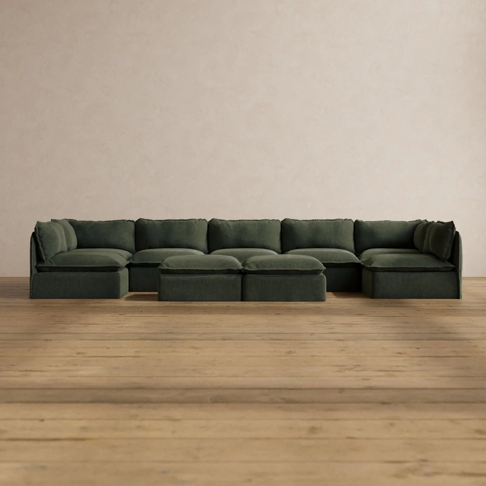 Modular Washable 7-Seater Open-Ends U-Sectional   Bench Ottoman in Olivine | Memorix  Seat | Cloud Pillow