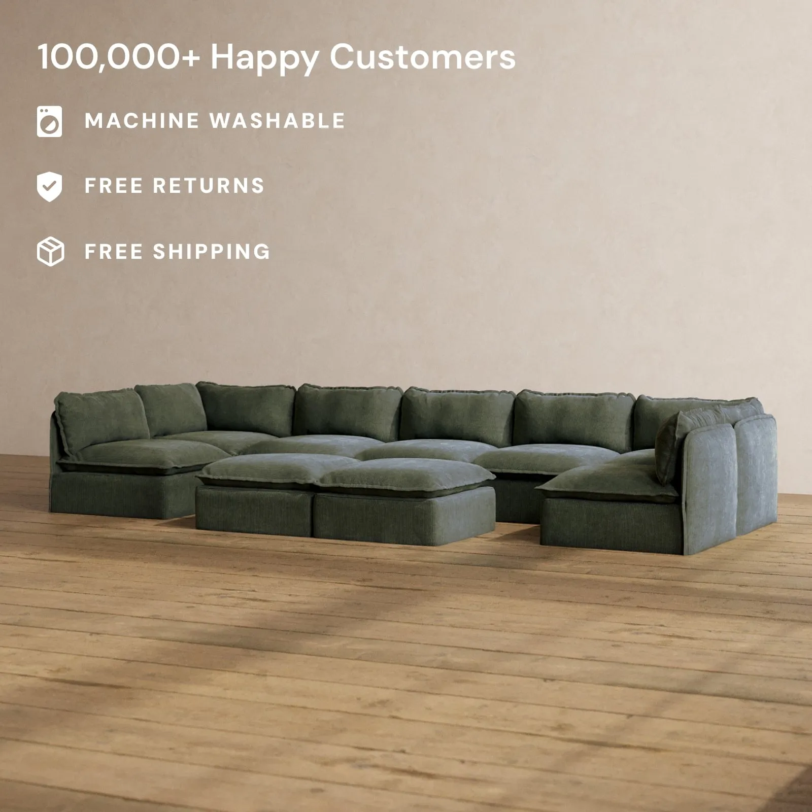 Modular Washable 7-Seater Open-Ends U-Sectional   Bench Ottoman in Olivine | Memorix  Seat | Cloud Pillow