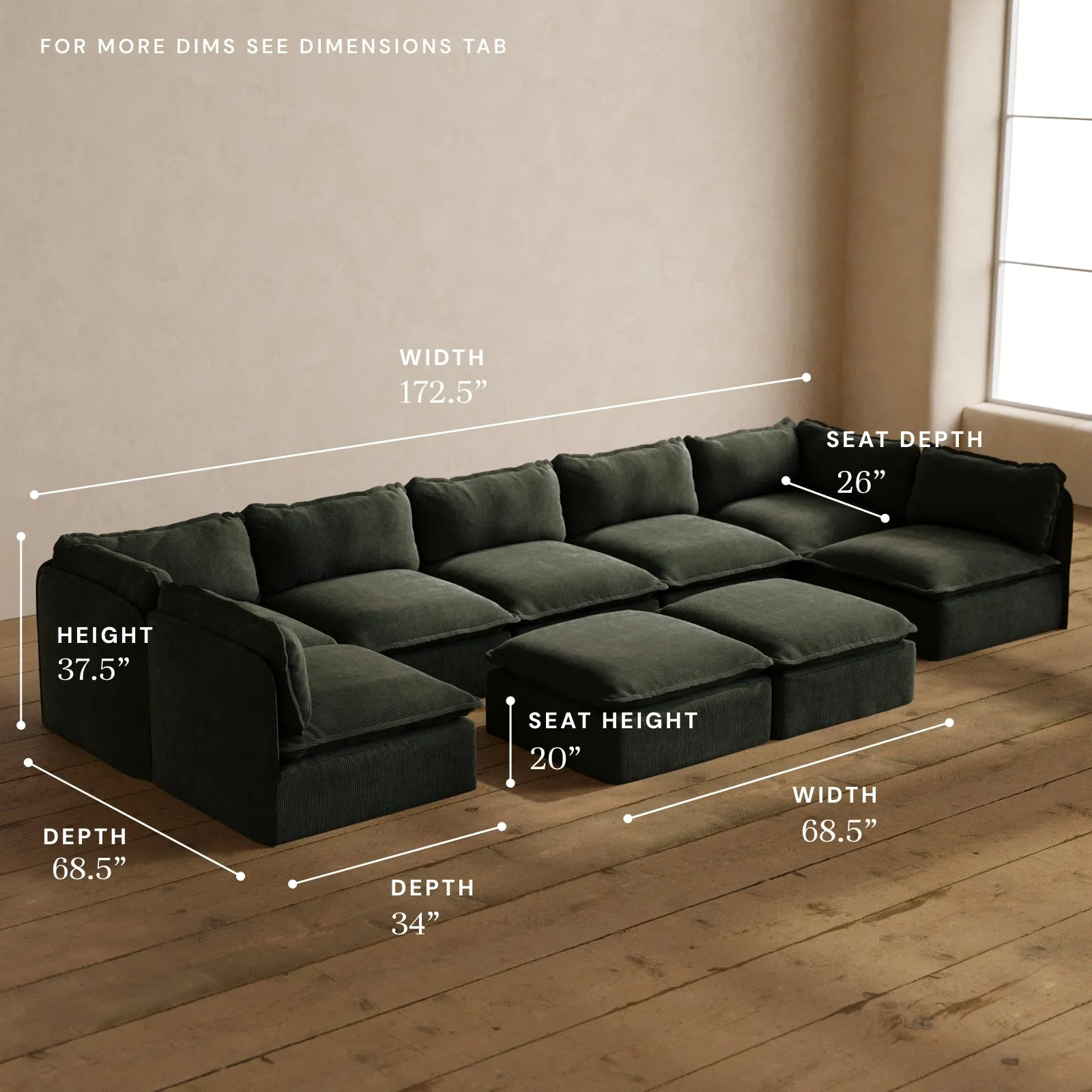 Modular Washable 7-Seater Open-Ends U-Sectional   Bench Ottoman in Olivine | Memorix  Seat | Cloud Pillow