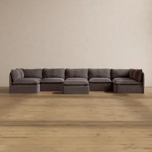 Modular Washable 7-Seater Open-Ends U-Sectional   Ottoman in Caviar | Deluxe  Seat | Cloud Pillow