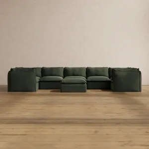 Modular Washable 7-Seater U-Sectional   Ottoman in Olivine | Memorix  Seat | Cloud Pillow
