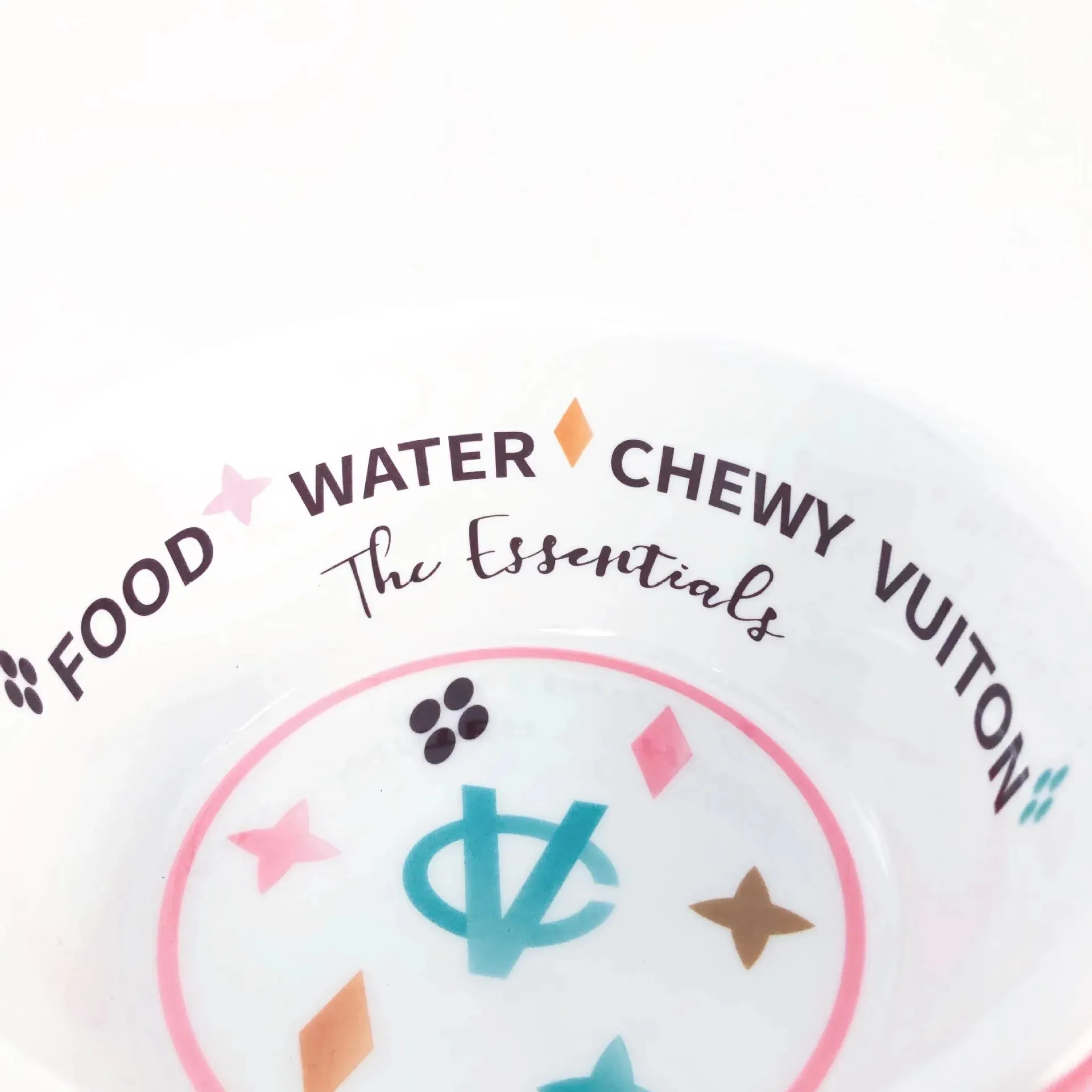 "Chewy Vuiton" Dog Bowls and Placemat - White