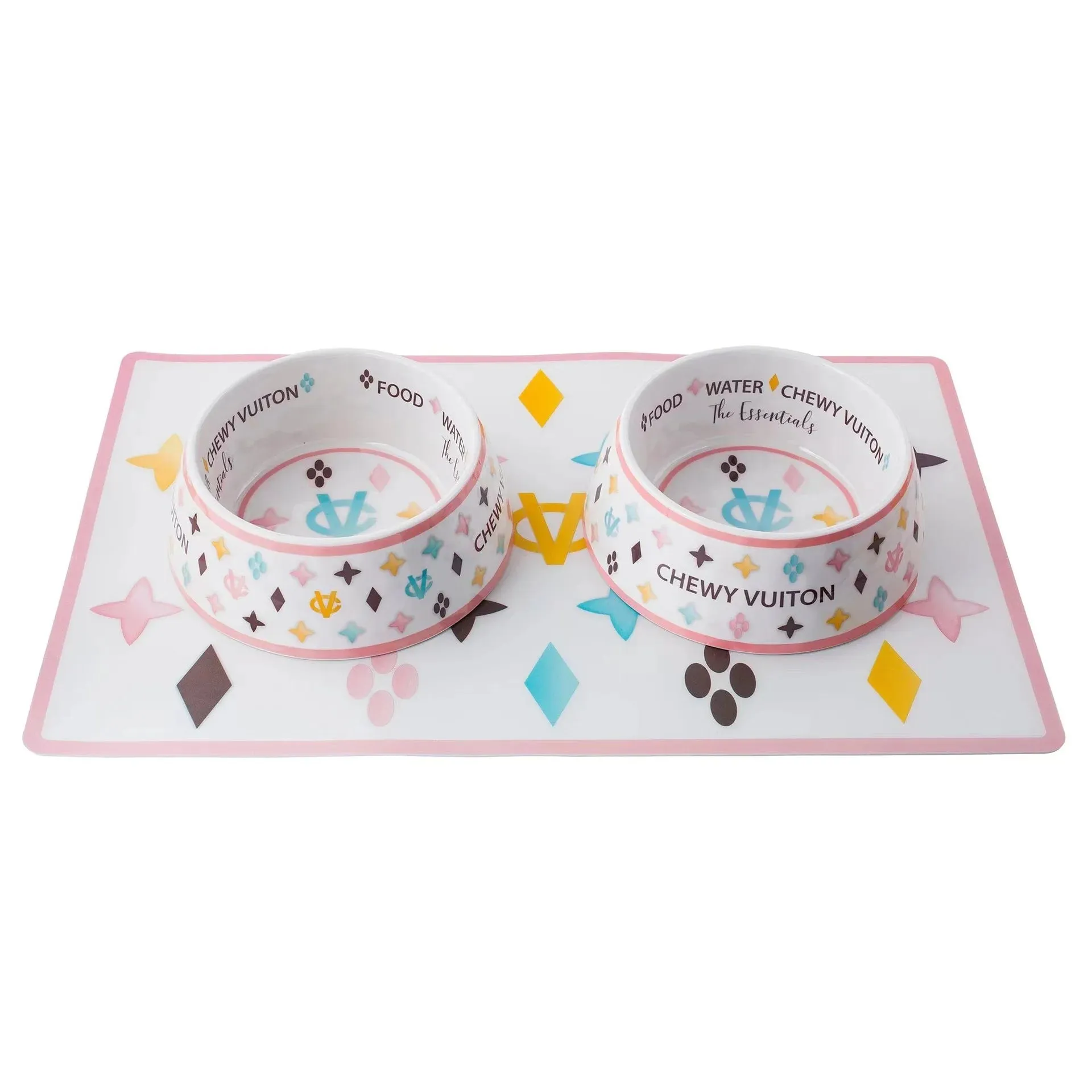 "Chewy Vuiton" Dog Bowls and Placemat - White