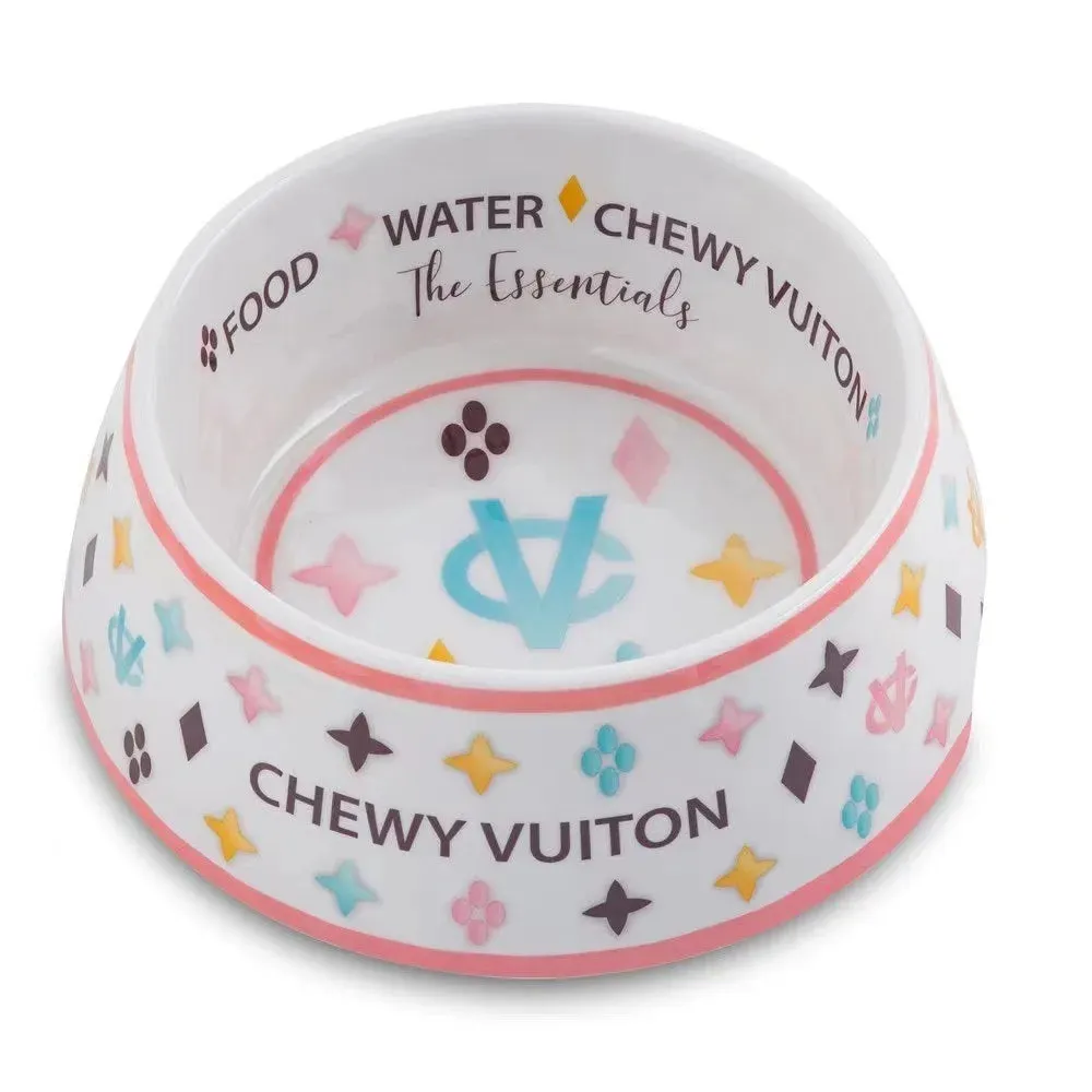 "Chewy Vuiton" Dog Bowls and Placemat - White