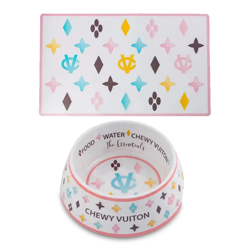 "Chewy Vuiton" Dog Bowls and Placemat - White