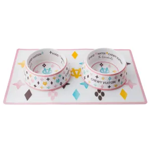 "Chewy Vuiton" Dog Bowls and Placemat - White