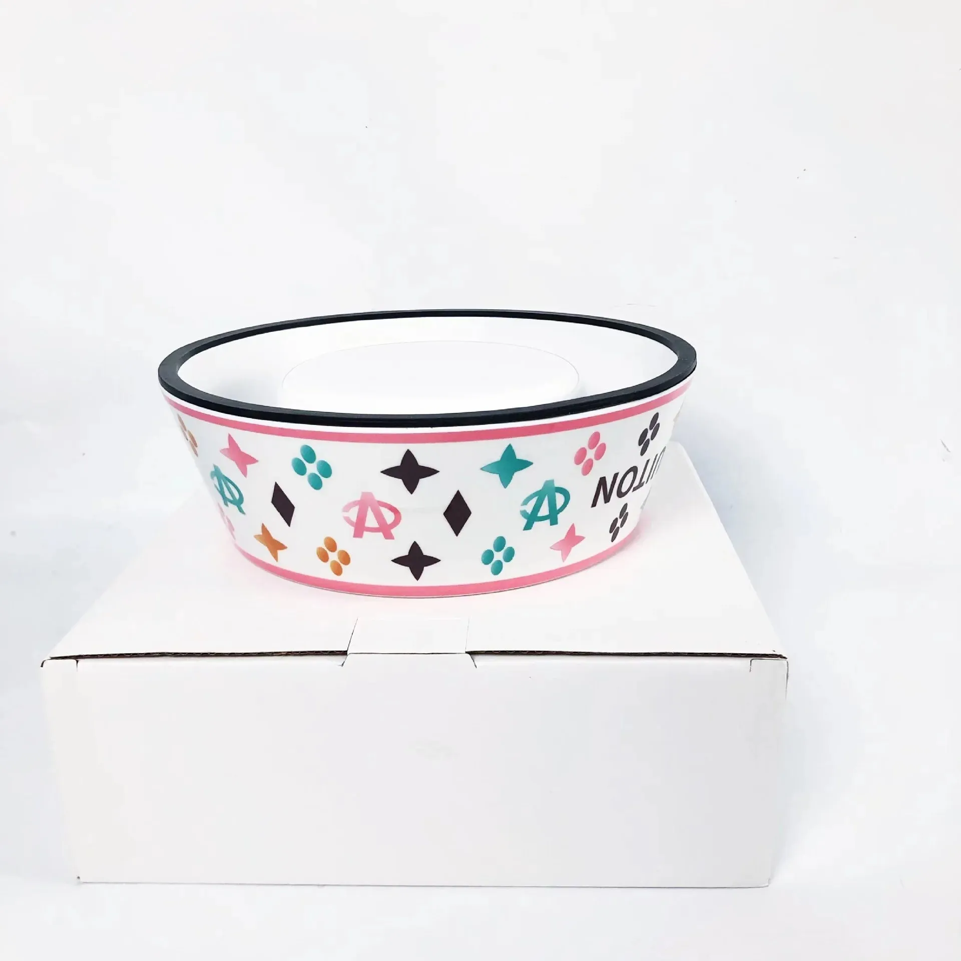 "Chewy Vuiton" Dog Bowls and Placemat - White